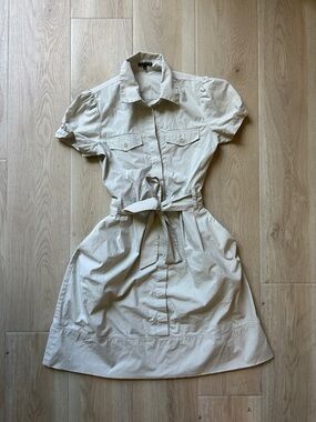 Theory Khaki Collared Button-Front Cotton Dress with pockets and belt